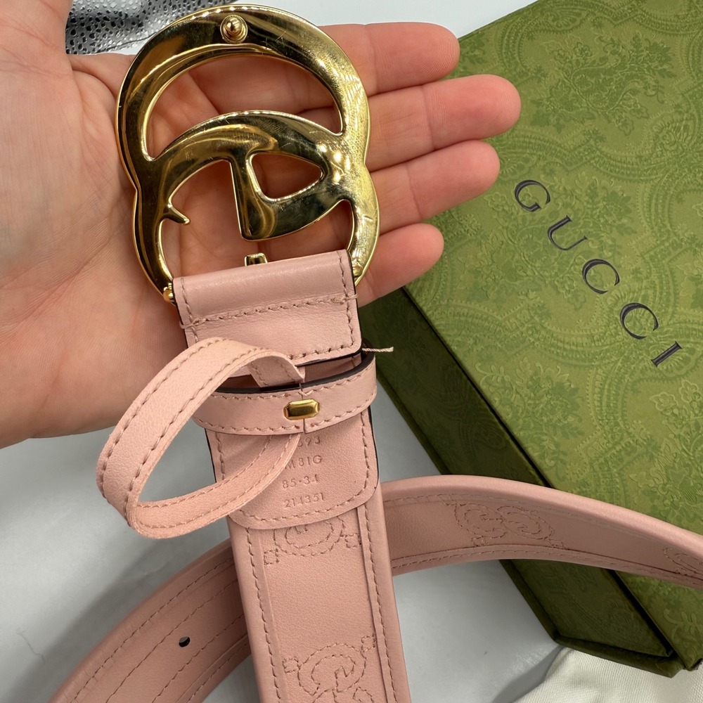 Gucci Pink GG Marmont Leather Belt 85/34 Gold Double G Buckle Embossed Logo - Picture 11 of 14